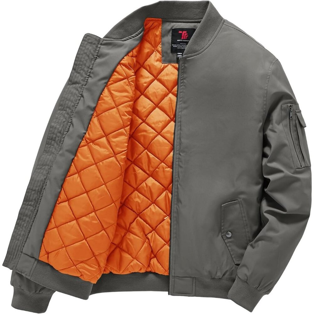 Men's Windproof Quilted Bomber Jacket Coats Deep Gray Orange Winter Outwear